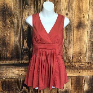 BCBGMaxazria Surplice Sleeveless Pleated  Peplum Blouse Coral - S